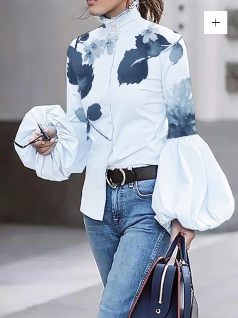 Uoozee Floral Print Puff-Sleeve Blouse - Light Blue large nwt